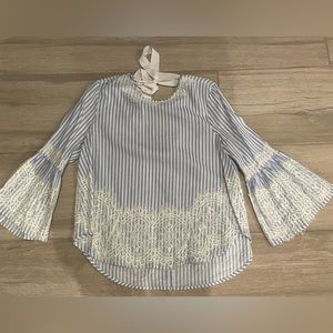 Zara Pin-Stripe Top with Bell Sleeves & Lace Detailing Size XS